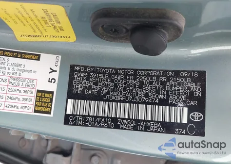 2018 Toyota Prius Two z USA, uszkodzony, nr VIN JTDKBRFU7J3079474